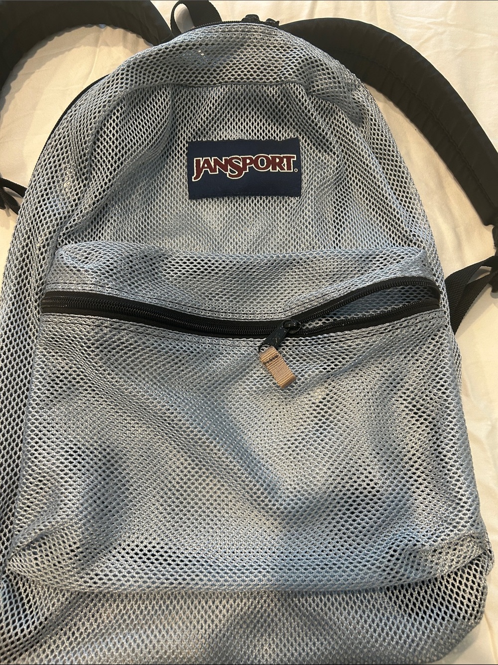Jansport Light Blue Mesh Backpack with Front Zip Pocket